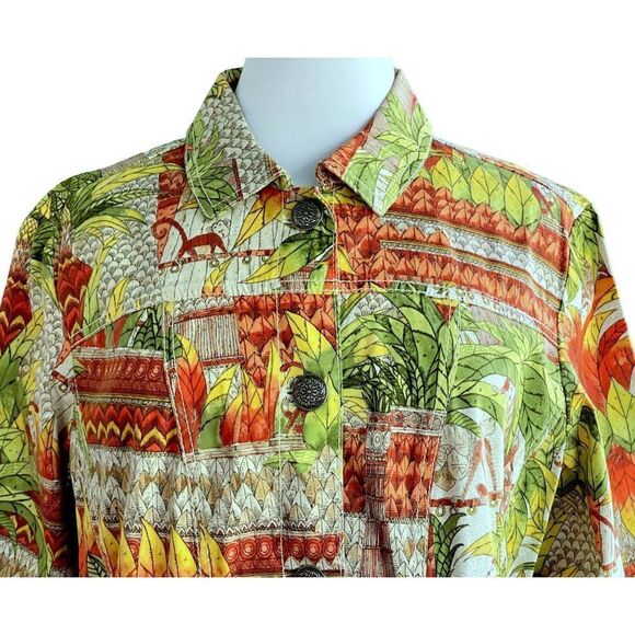 Chico's Monkey Jungle Tropical Print Jean Jacket Cotton Stretch Front Pockets - Picture 2 of 6